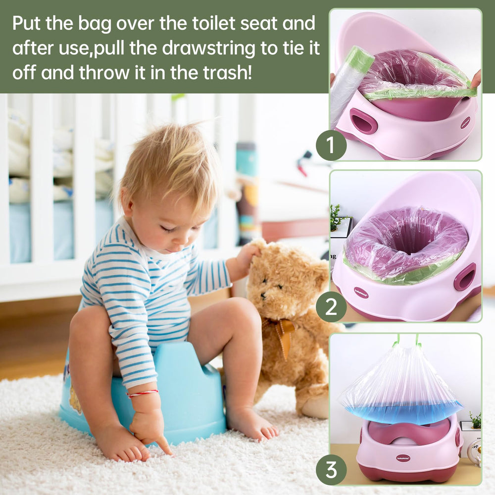 Panxxsen potty liner in-use-kid shows quick knot disposal after bathroom time