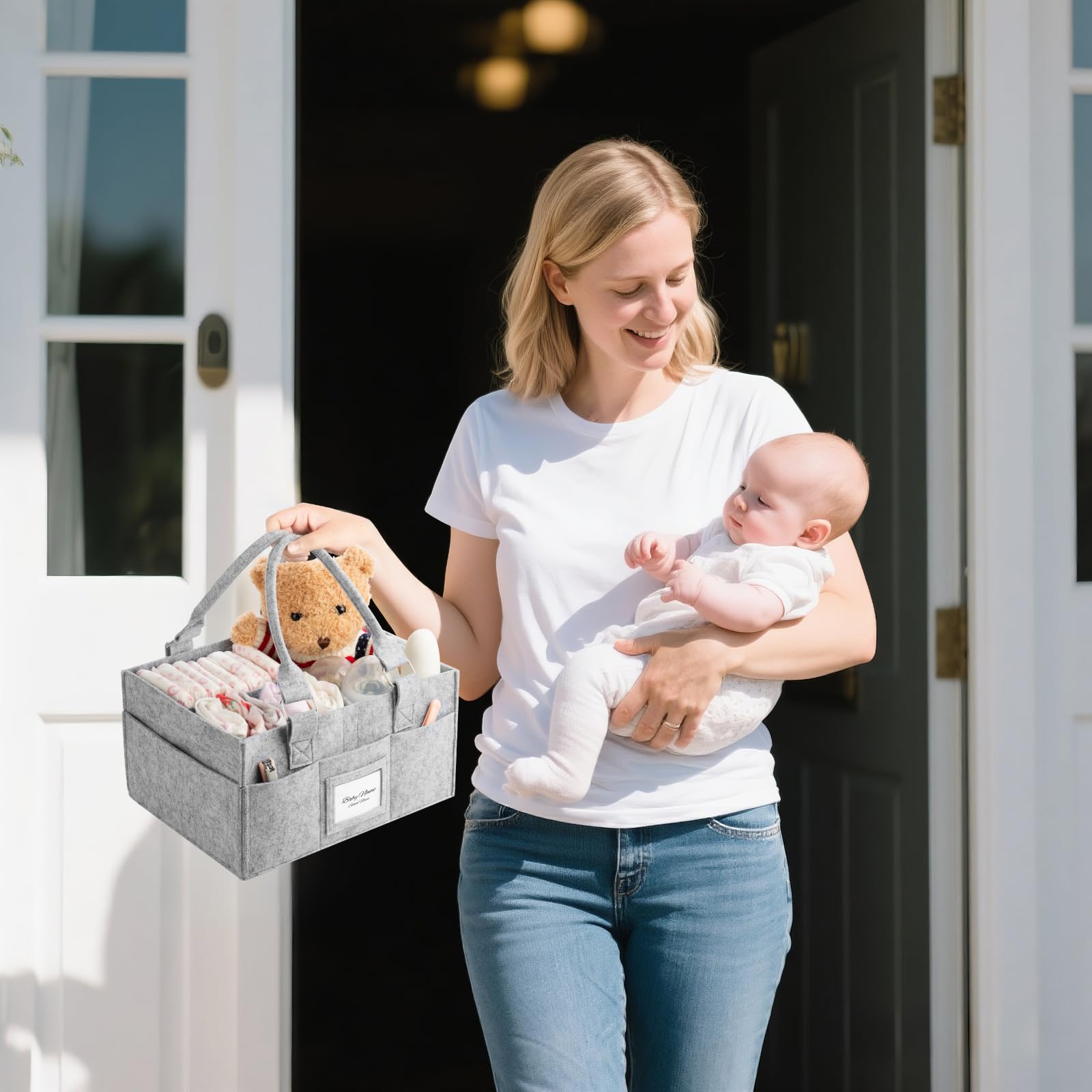 PaoveFor diaper caddy organizer car travel setup demonstrates portable diaper station.