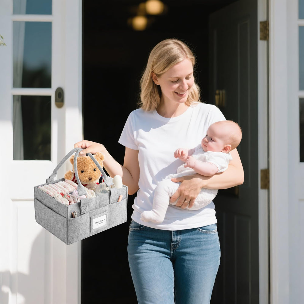 PaoveFor diaper caddy organizer car travel setup demonstrates portable diaper station.