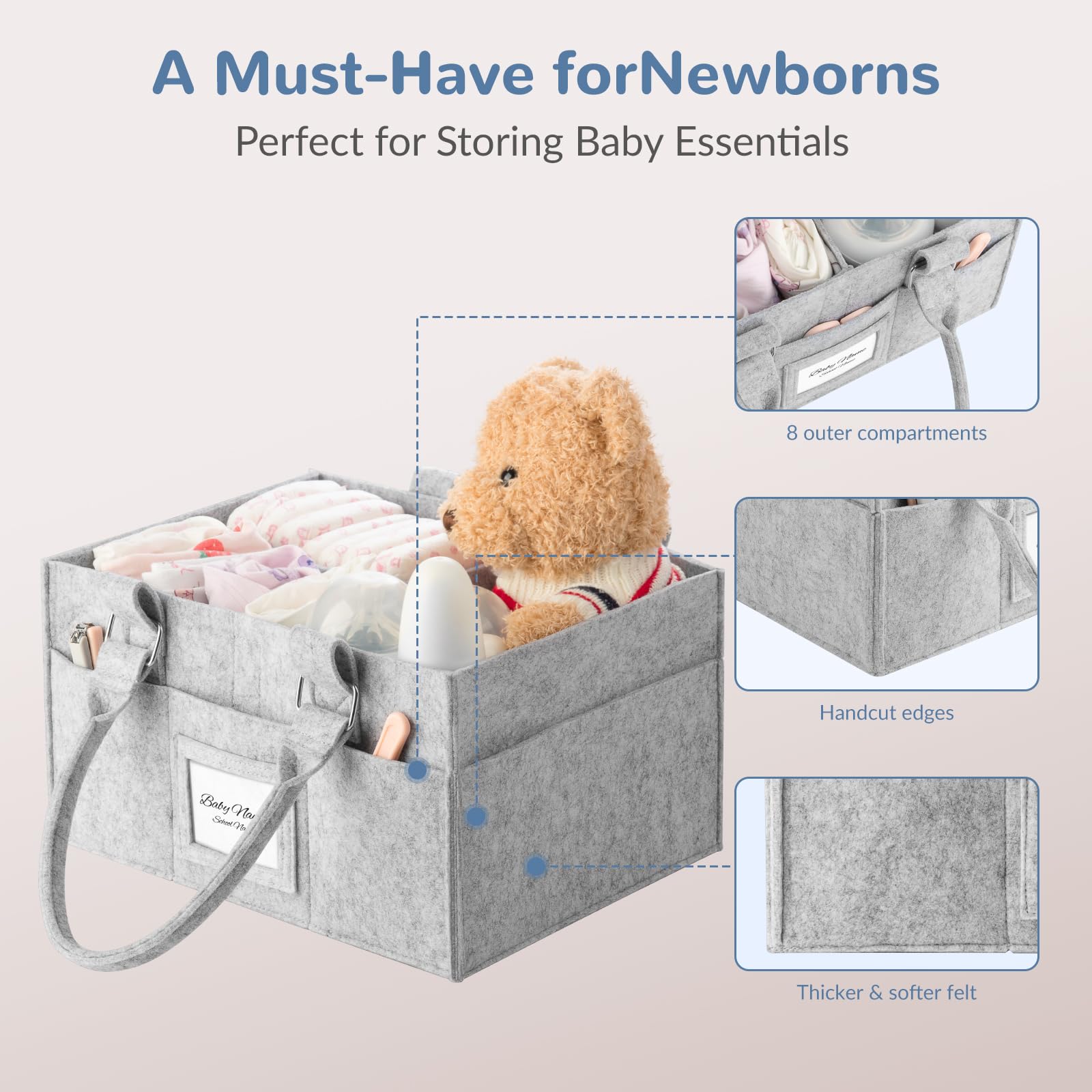 PaoveFor diaper caddy organizer handle close-up highlights easy portability for travel.