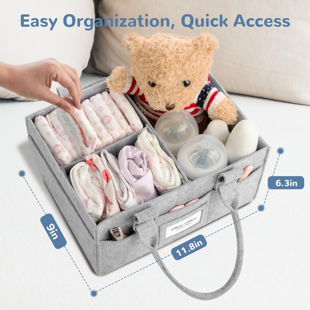 PaoveFor diaper caddy organizer photo frame grey allows personalization with baby's picture.