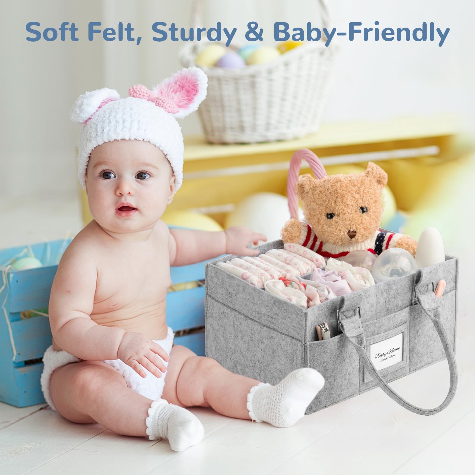 PaoveFor diaper caddy organizer removable dividers illustrate customizable compartments for toys and basics.