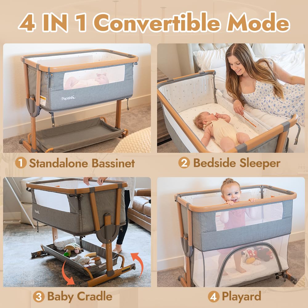 Papablic 4-in-1 bassinet rocking mode shows cozy surface for soothing naps.
