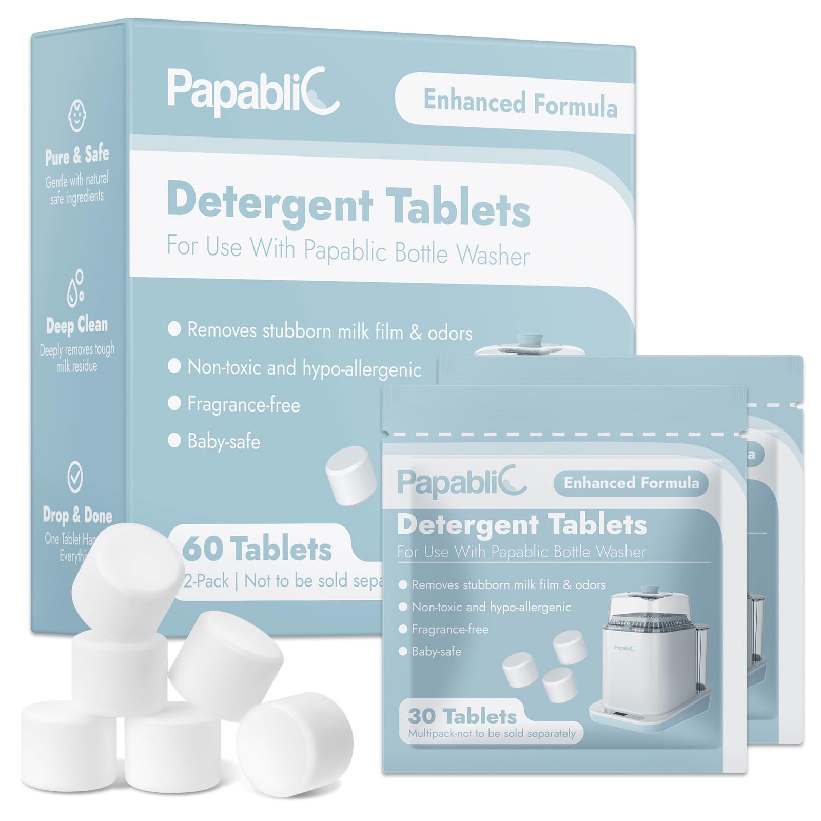 Papablic 60Pcs detergent tablets packaging, compact travel kit for busy parents.