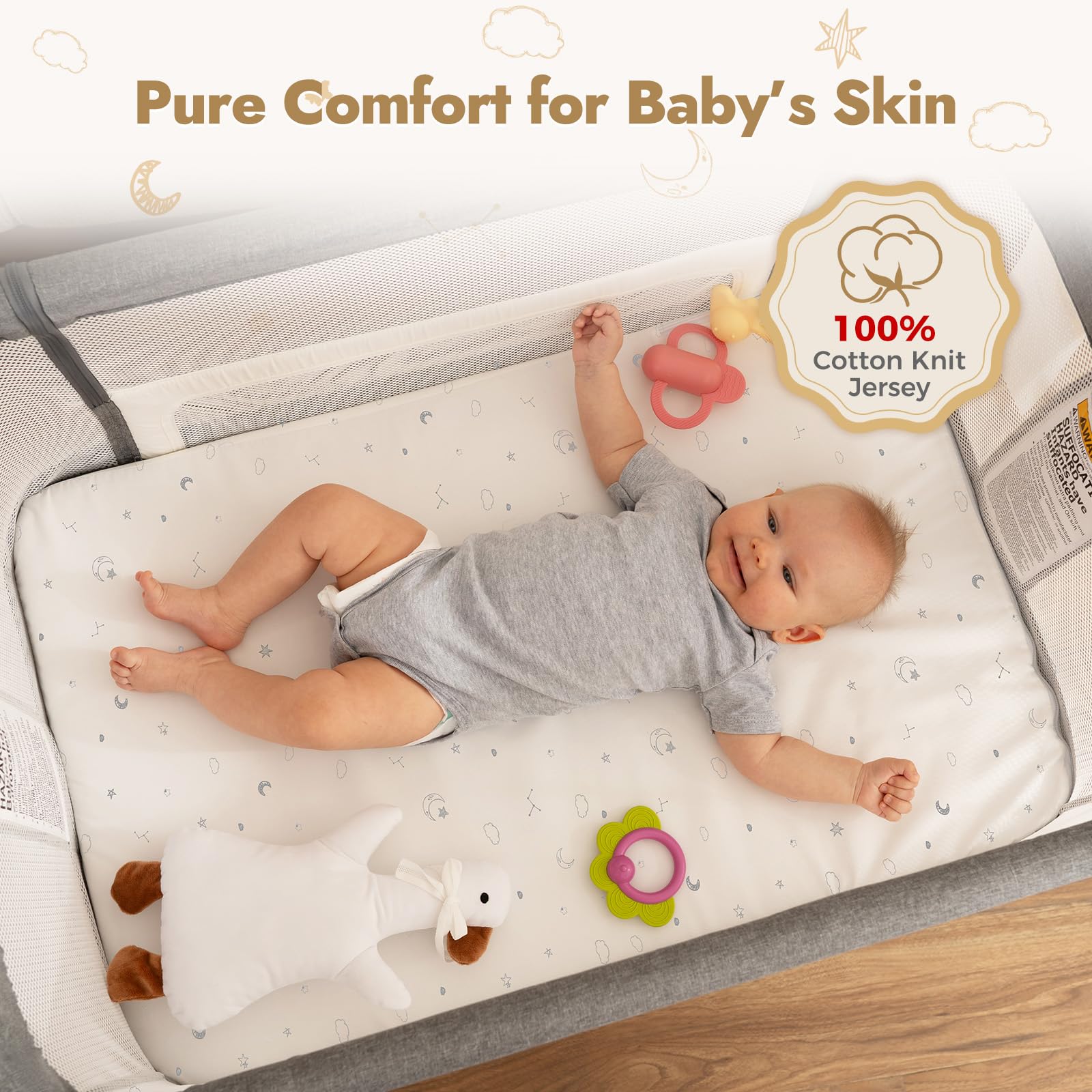 Papablic bassinet star-cloud-moon pattern creates soothing bedtime ambience.