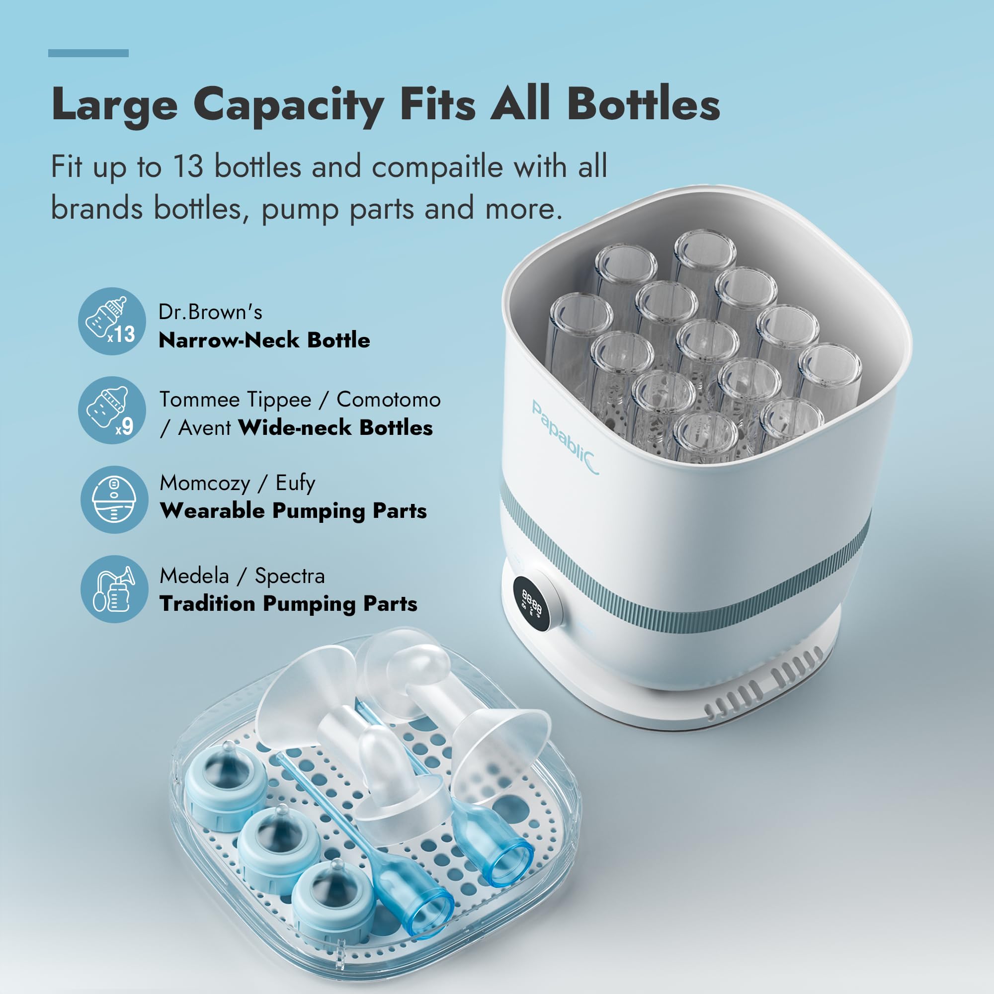 Papablic Bottle Sterilizer Pro Max digital control panel displays modes and timer