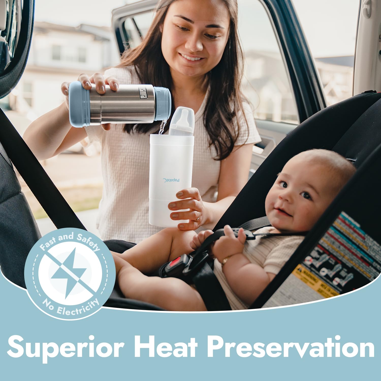 Papablic bottle warmer with water-inside thermal bottle heats feeds on the move.