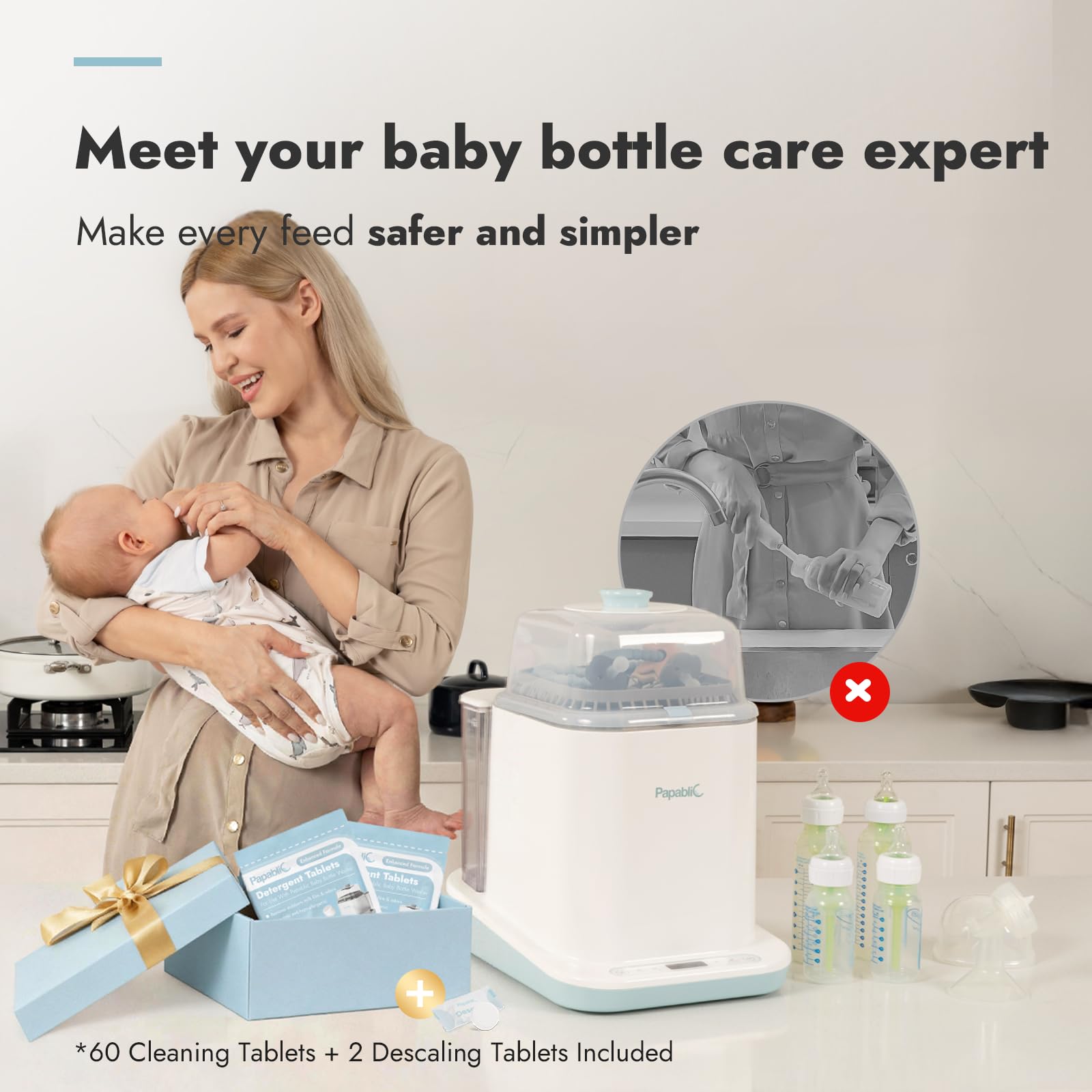 Papablic Bottle Washer Pro loading area reveals capacity for multiple bottles and pump kits.