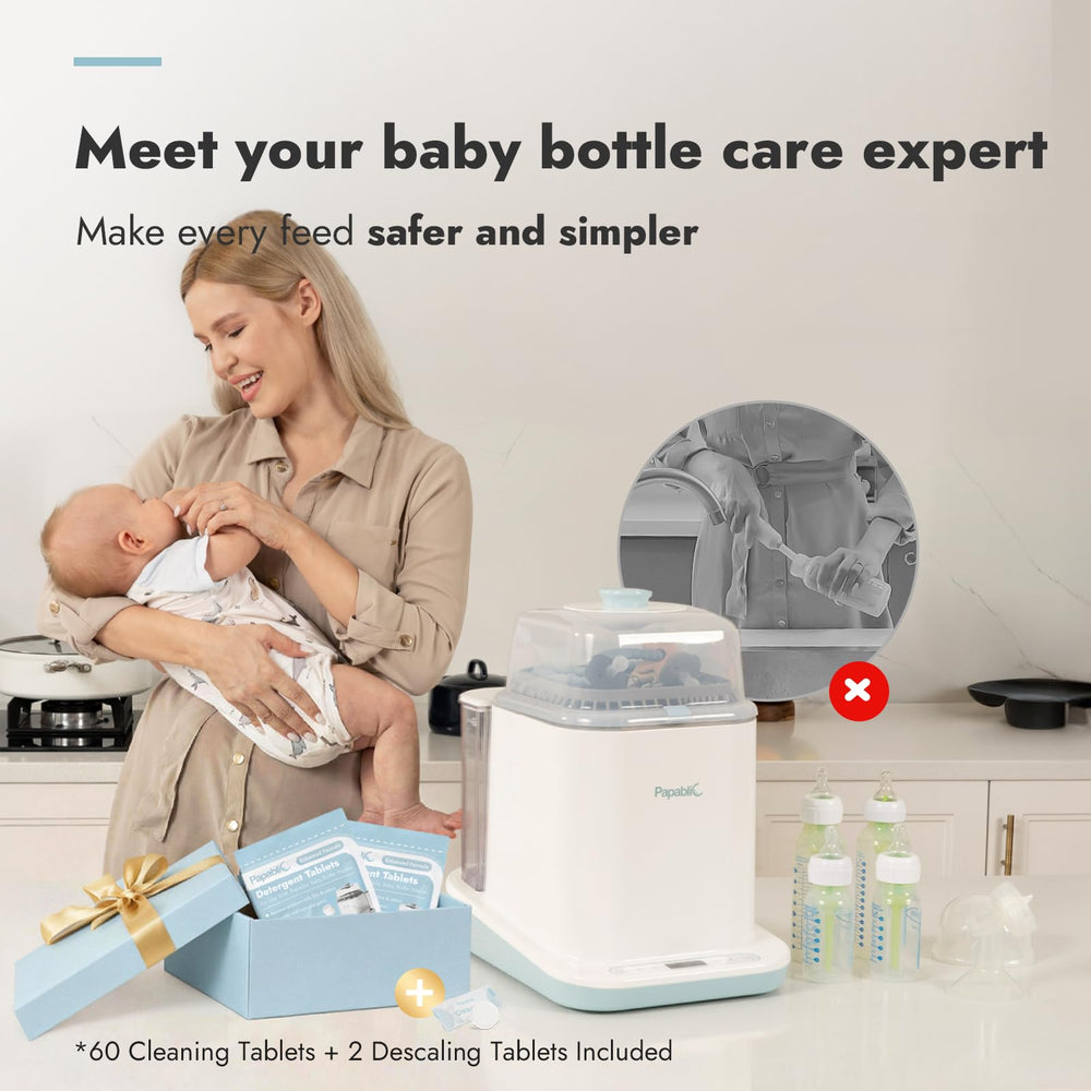 Papablic Bottle Washer Pro loading area reveals capacity for multiple bottles and pump kits.