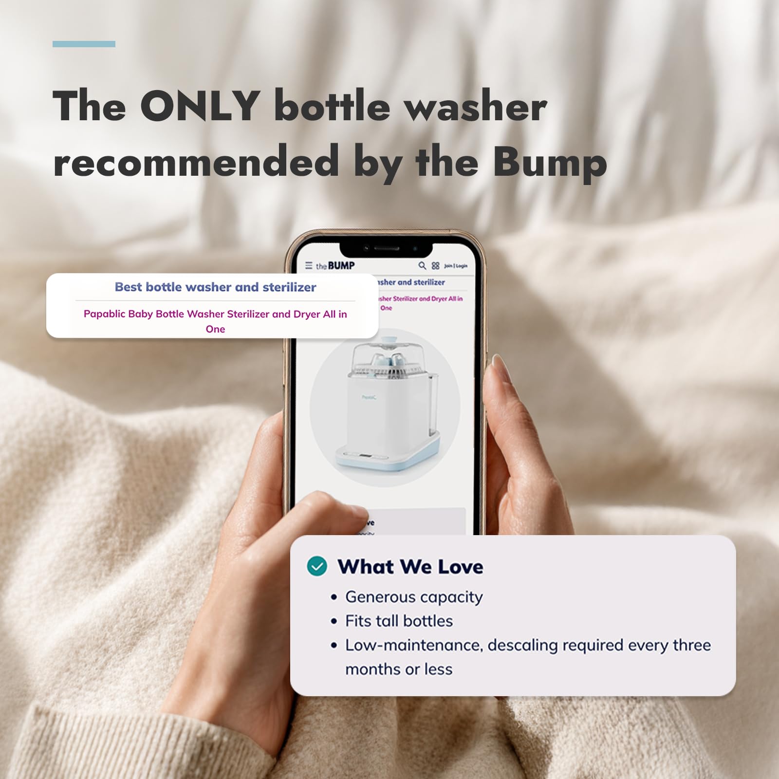 Papablic Bottle Washer Pro side view shows slim countertop footprint for small spaces.