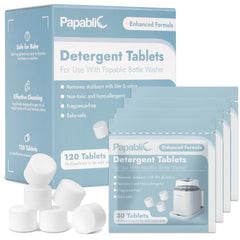 Papablic detergent tablets packaging box highlights 120 tablets for easy baby bottle cleaning.