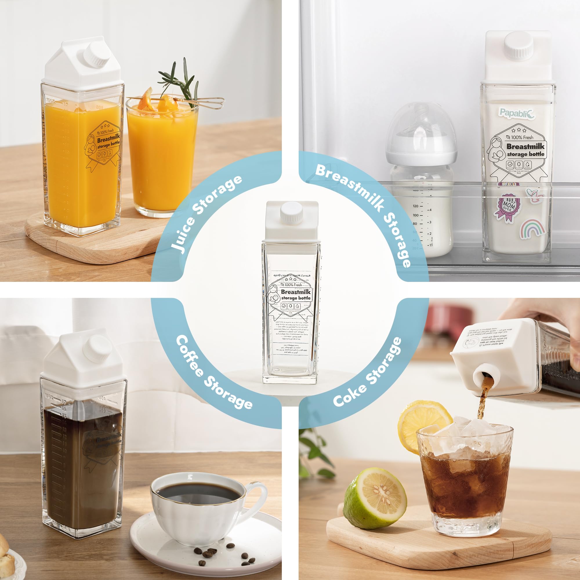 Papablic fridge-ready milk pitcher beside bottles supports quick ready-to-use feeds