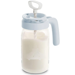 Papablic glass breastmilk pitcher blue front view highlights wide-mouth design for easy pouring.