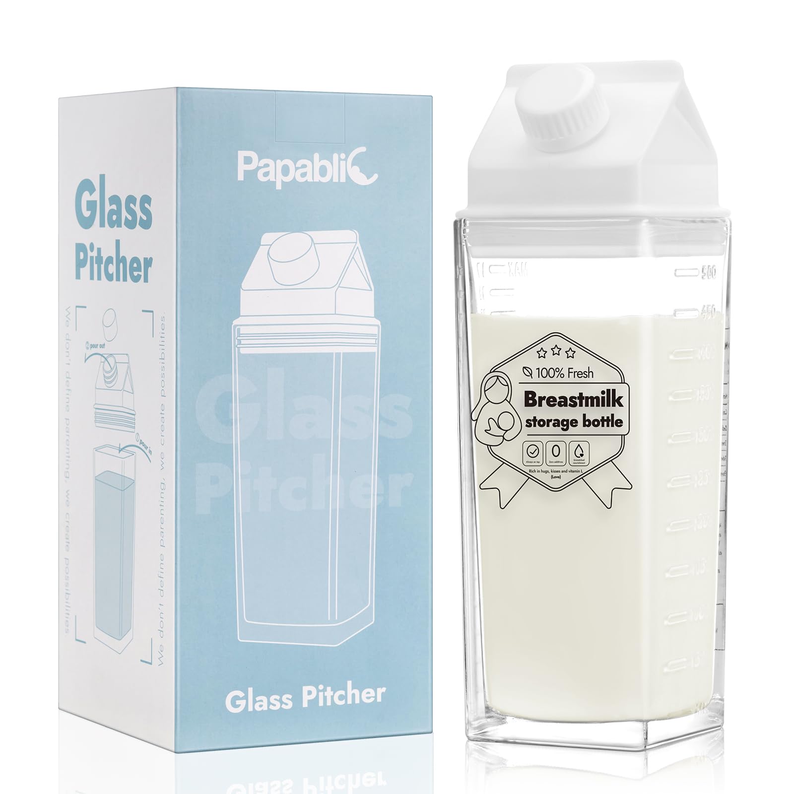 Papablic glass breastmilk pitcher front view with nostalgic milk carton design for easy storage