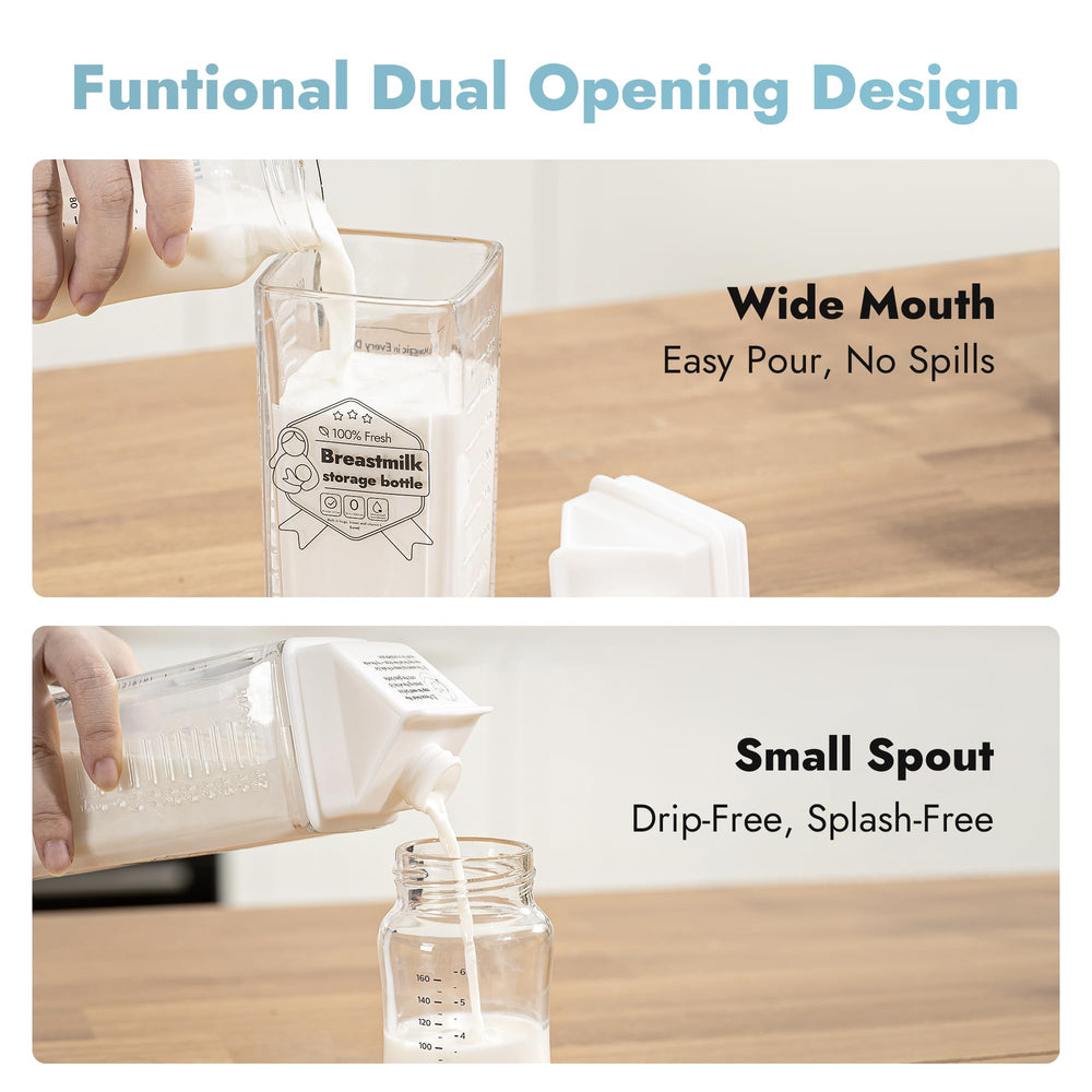 Papablic glass breastmilk pitcher wide-mouth opening demonstrating drip-free transfer from pump to bottle