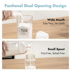 Papablic glass breastmilk pitcher wide-mouth opening demonstrating drip-free transfer from pump to bottle