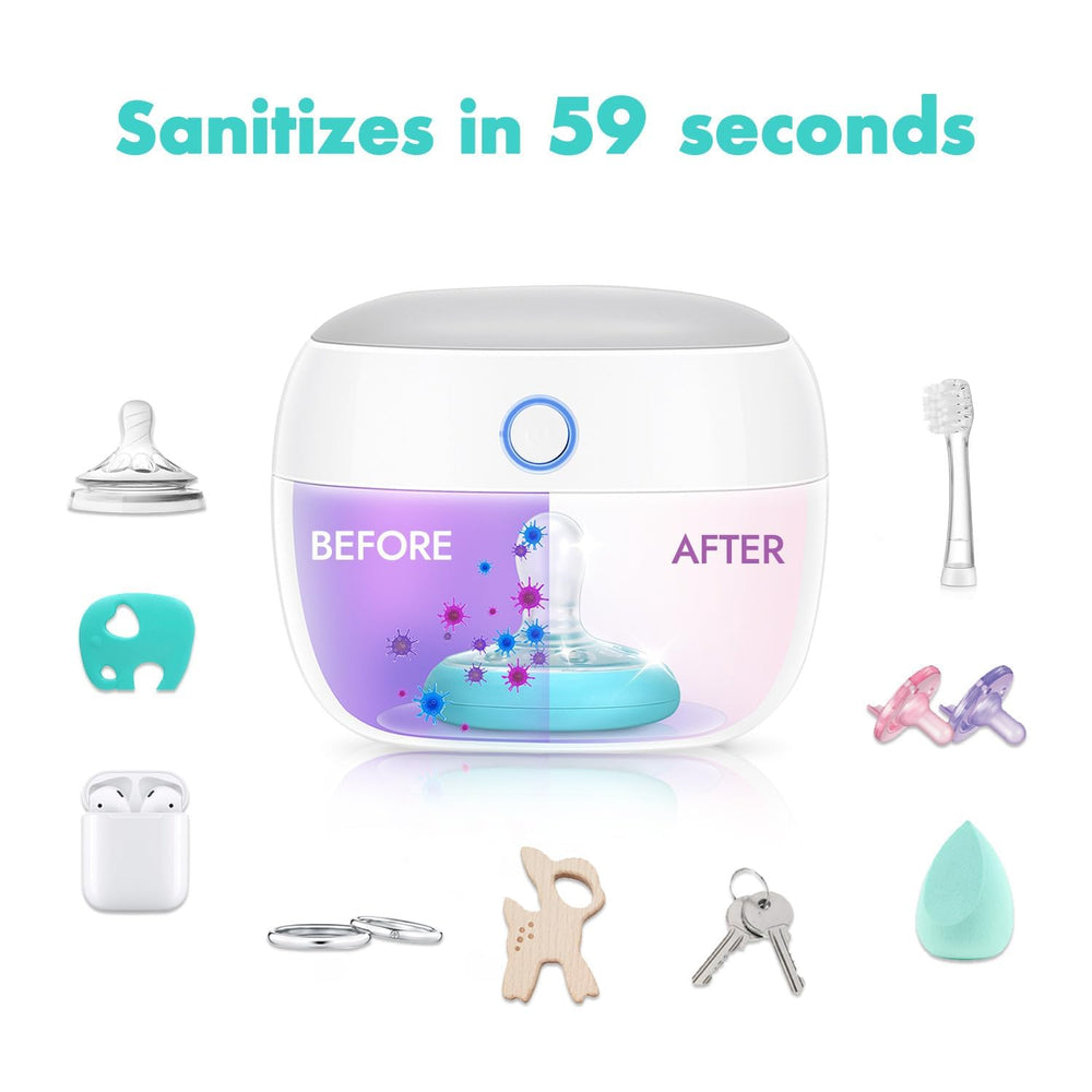 Papablic pacifier sanitizer lid-open design enables safe one-handed use.