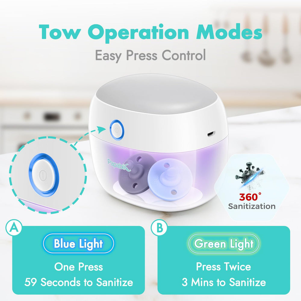 Papablic pacifier sanitizer UV LEDs inside highlight fast 59-second cycle.