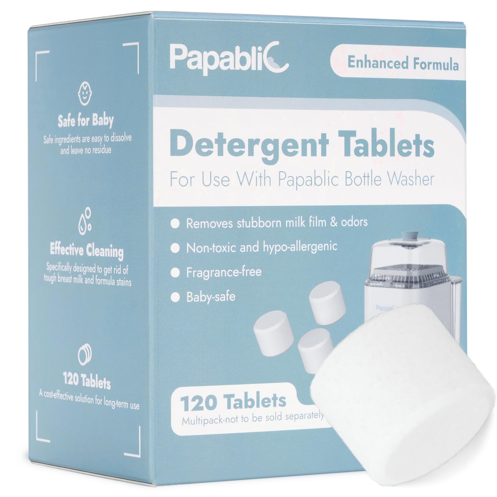 Papablic stain-removal test shows effective removal of milk residues.