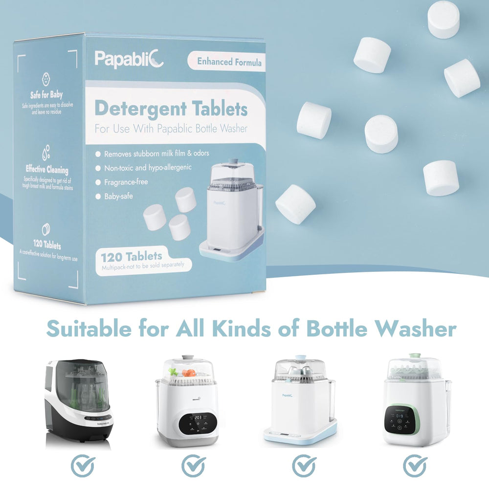 Papablic tablets illustrate bottle-washer compatibility for versatile, easy bottle care.