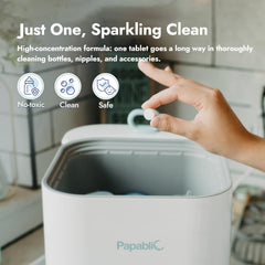 Papablic tablets shown for hand washing bottles, safe and effective cleaning.