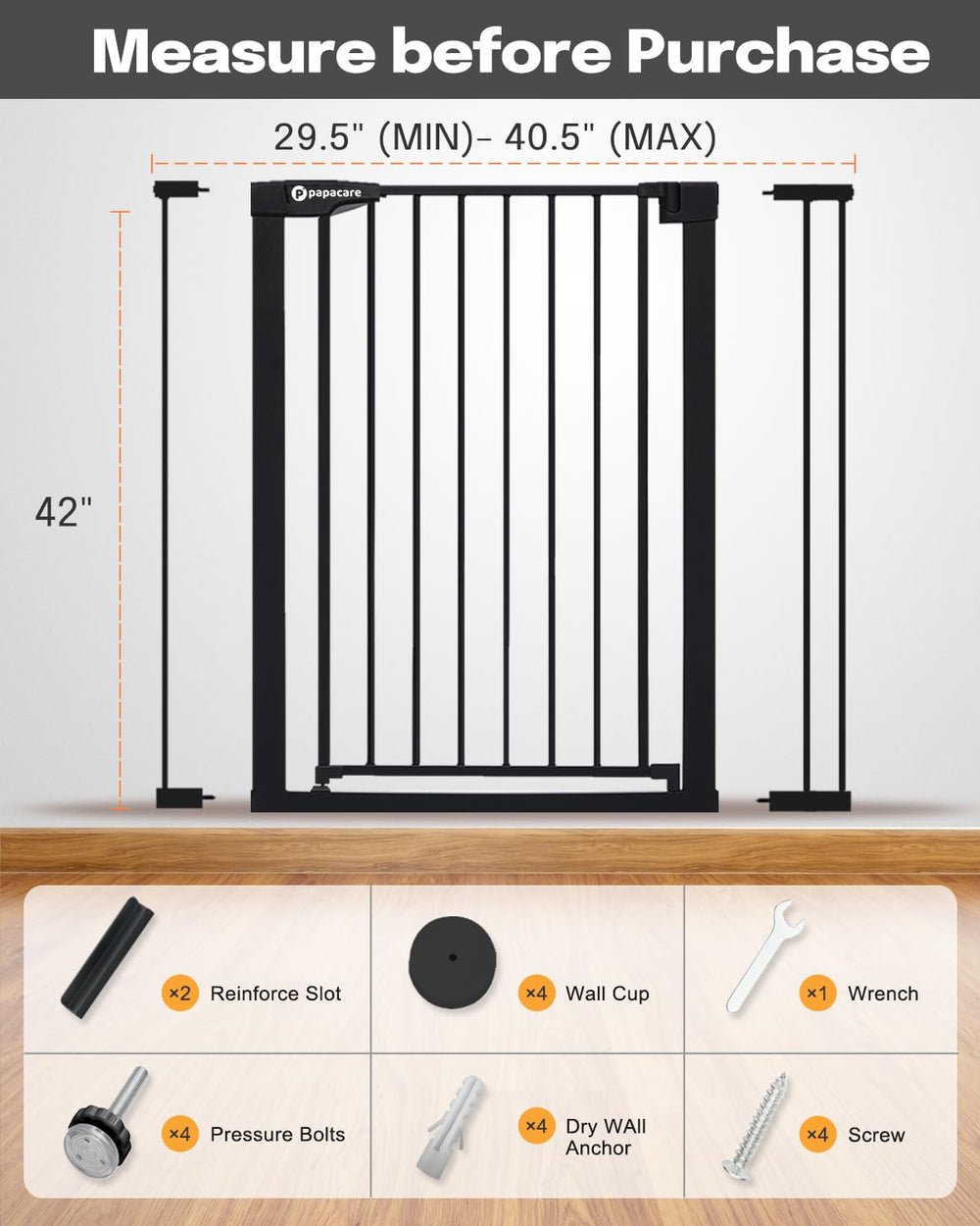 Papacare 42in gate extensions included to fit varied openings.