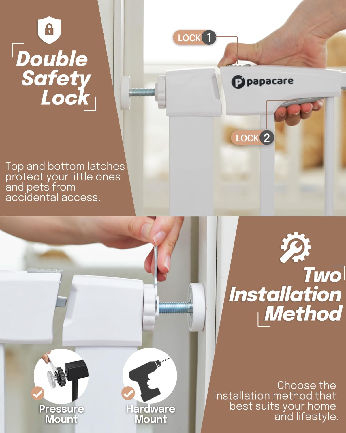 Papacare gate auto-close action shown for hands-free doorway safety.