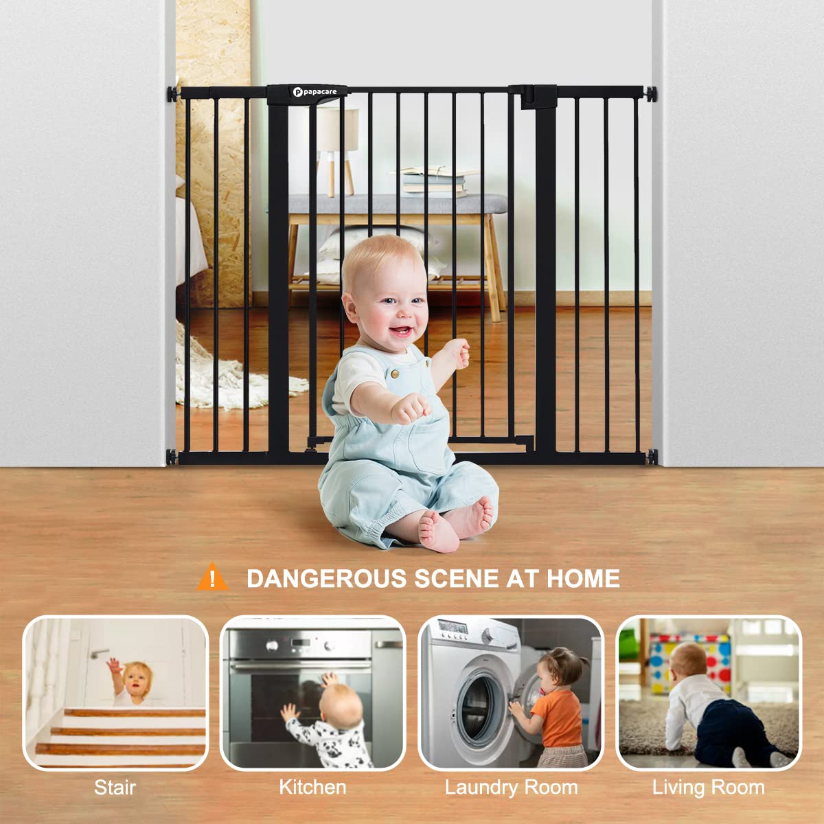 Papacare pressure-mount gate on stairs with secure, tool-free setup.