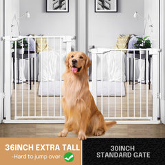 Papacare extra wide gate installed in a doorway, highlighting wide range 29.5–48.8 inches.