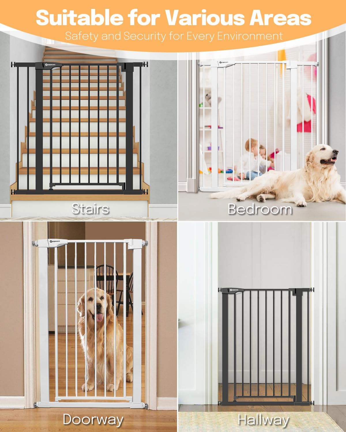 Papacare white gate in doorway suited for pets and kids