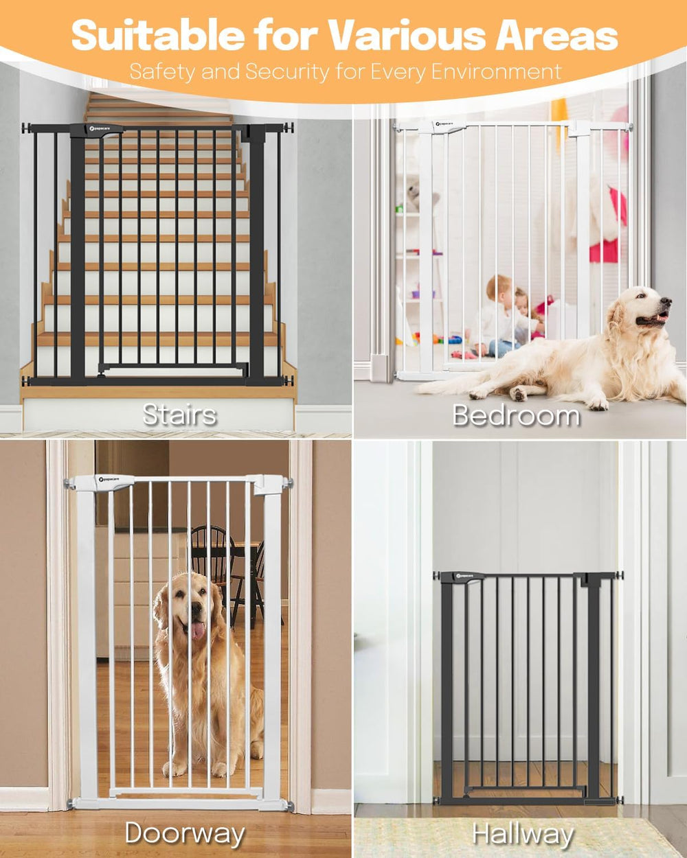Papacare white gate in doorway suited for pets and kids