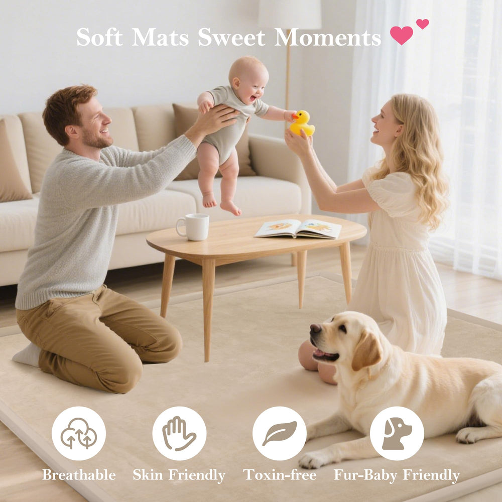 PapaMama beige 39x59 mat creates a cozy nursery floor space.