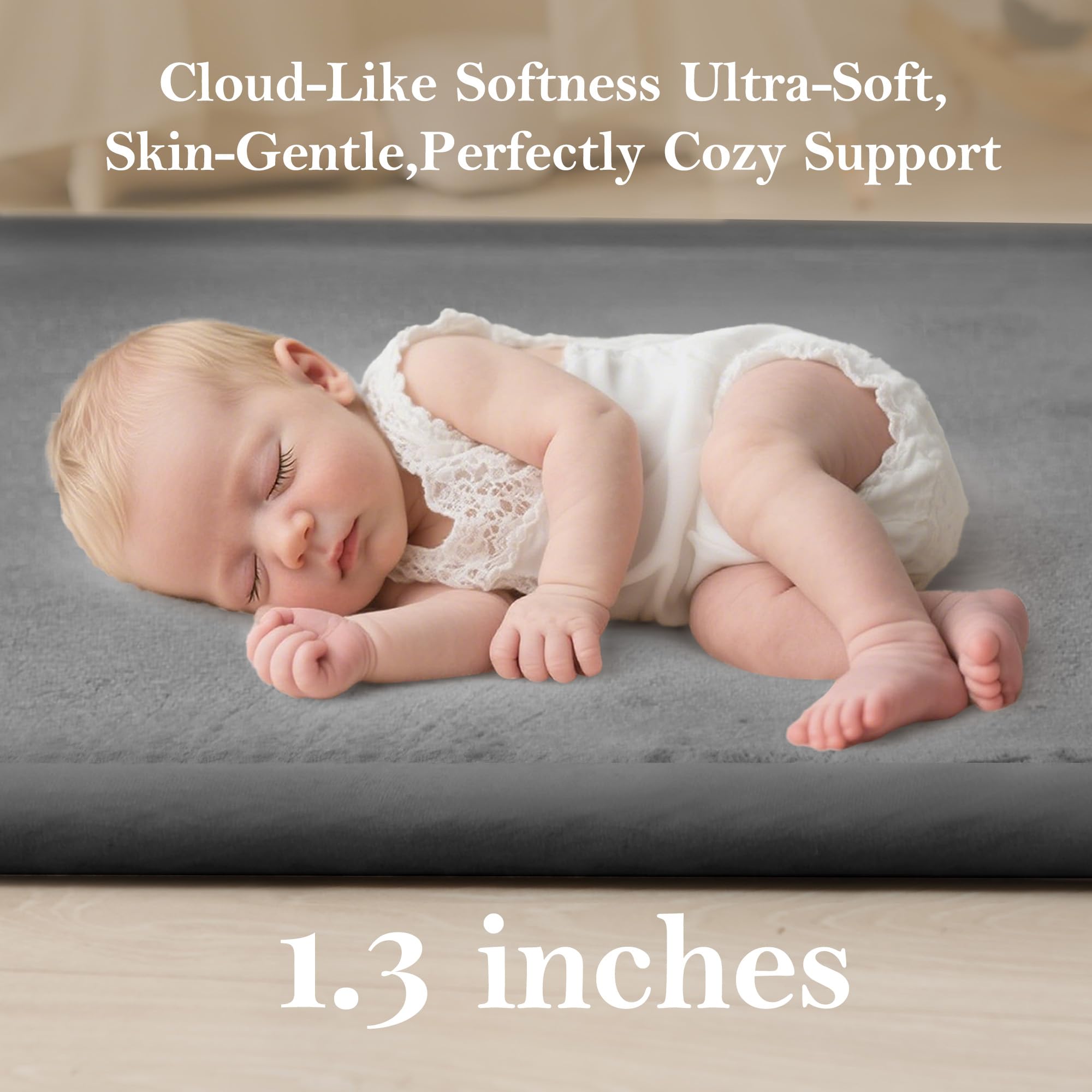 PapaMama Baby Play Mat cushion close-up showing 1.3-inch memory foam support