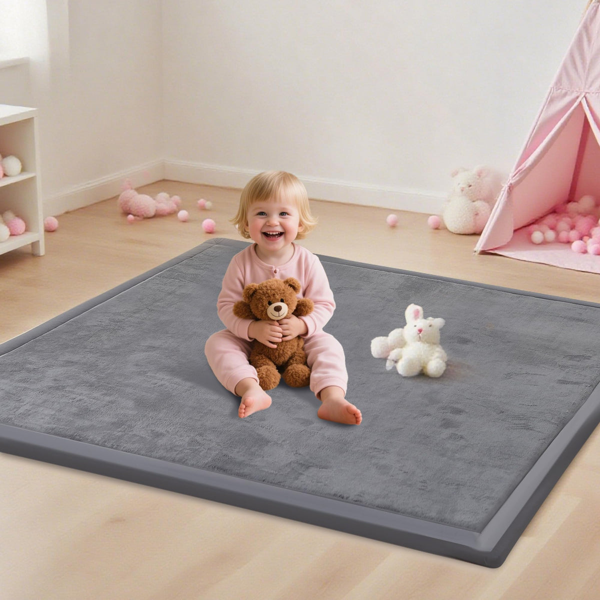 PapaMama baby play mat front view in dark grey for secure tummy time.