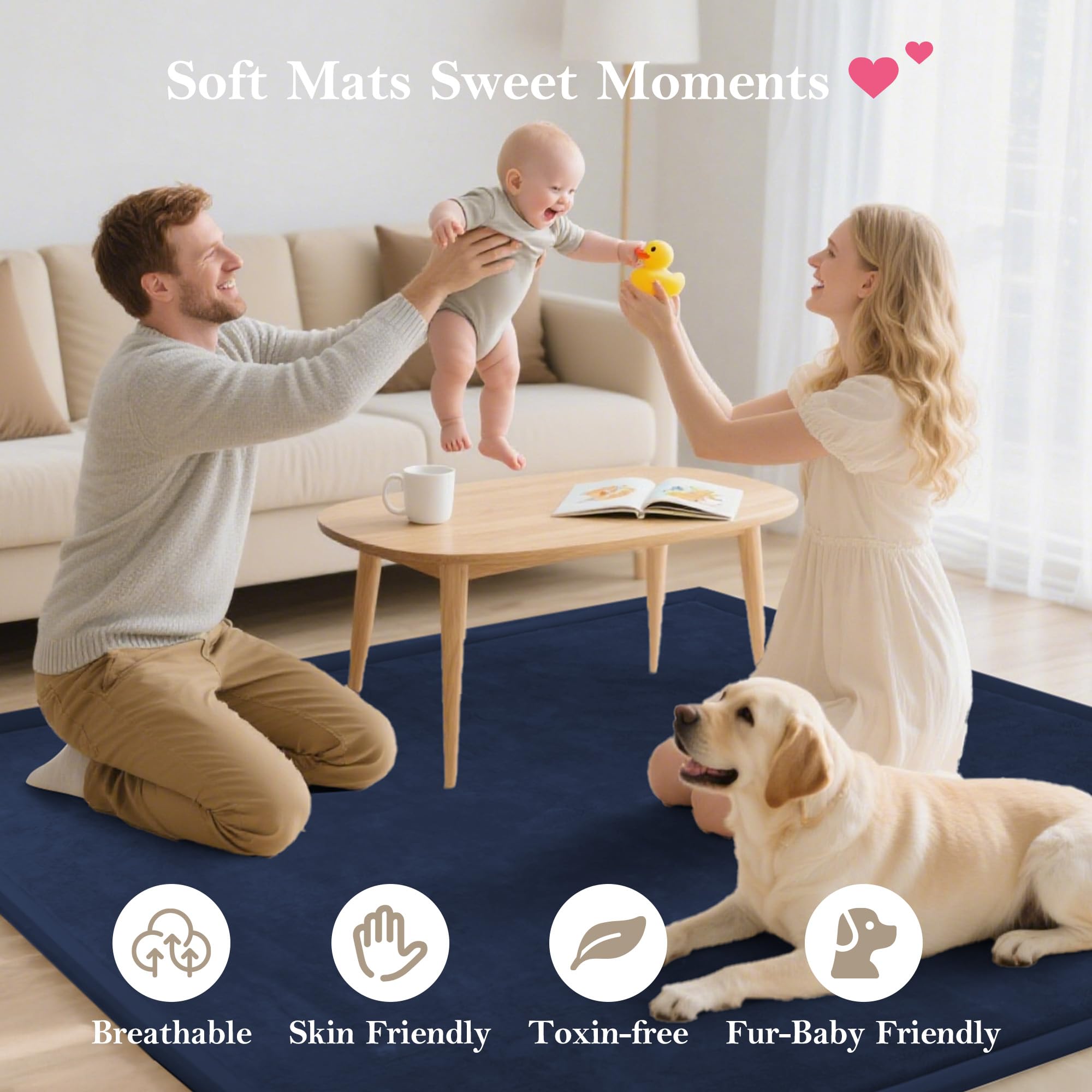 PapaMama baby play mat with non-slip backing remains stable on hardwood floors.