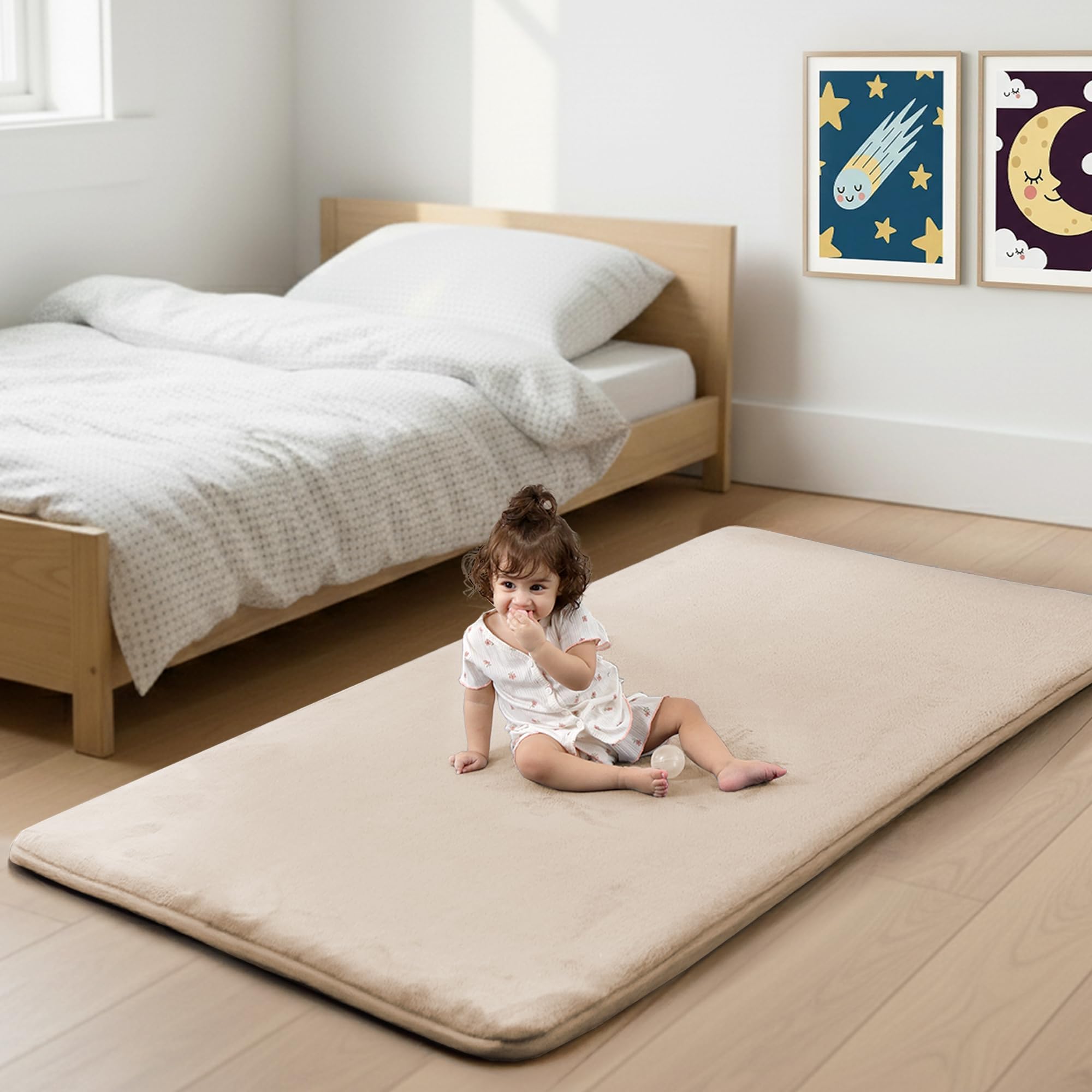 PaPaMat 1.3-inch padding beige floor mat unrolled for soft crawling and tummy time.
