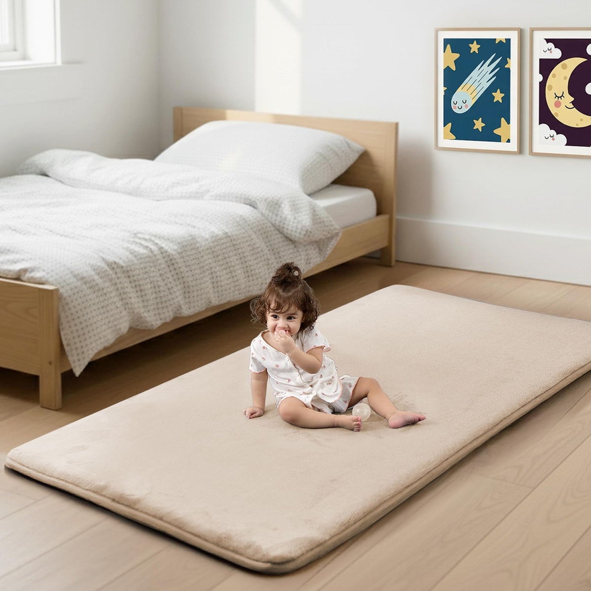 PaPaMat 1.3-inch padding beige floor mat unrolled for soft crawling and tummy time.