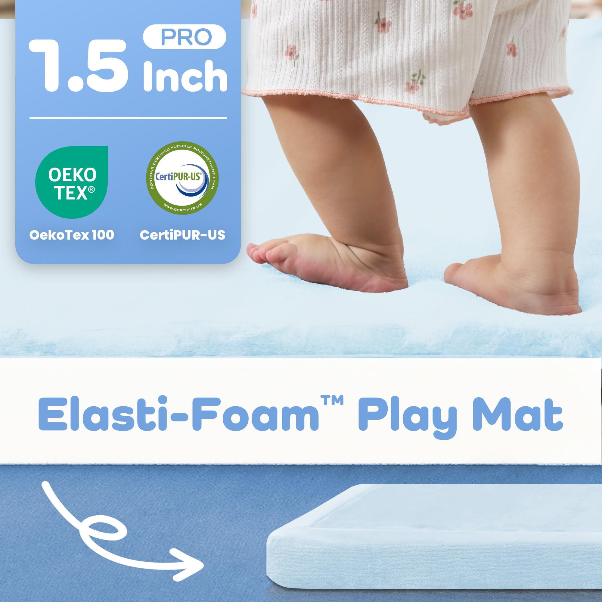 PaPaMat blue-15inch-padding-closeup highlights cushioned support for tummy time.