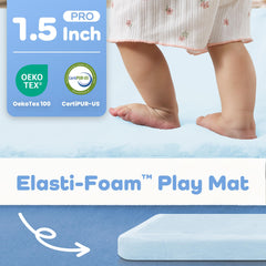 PaPaMat 79x118 blue play area in room demonstrates oversized cushioning for playdates.