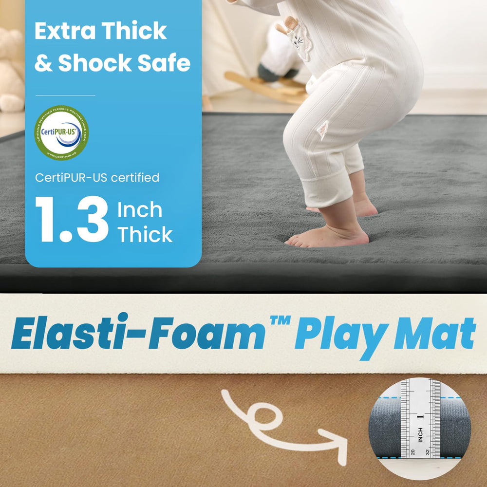 PaPaMat dark grey play mat under a playpen demonstrates safe, spacious play area