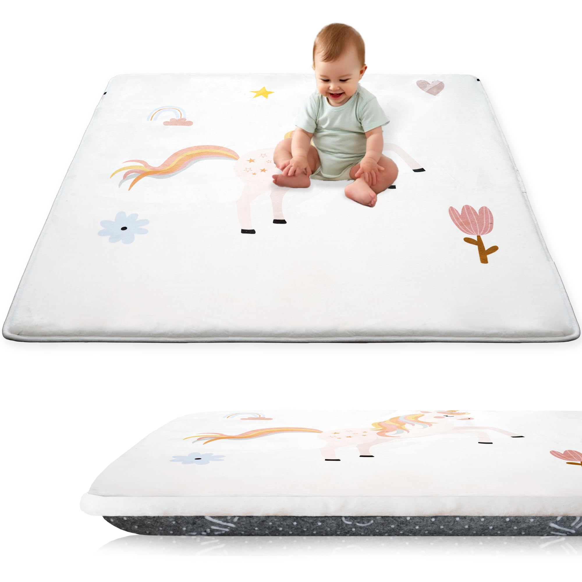 PaPaMat unicorn-print play mat supports tummy time, crawling, and quiet rest.