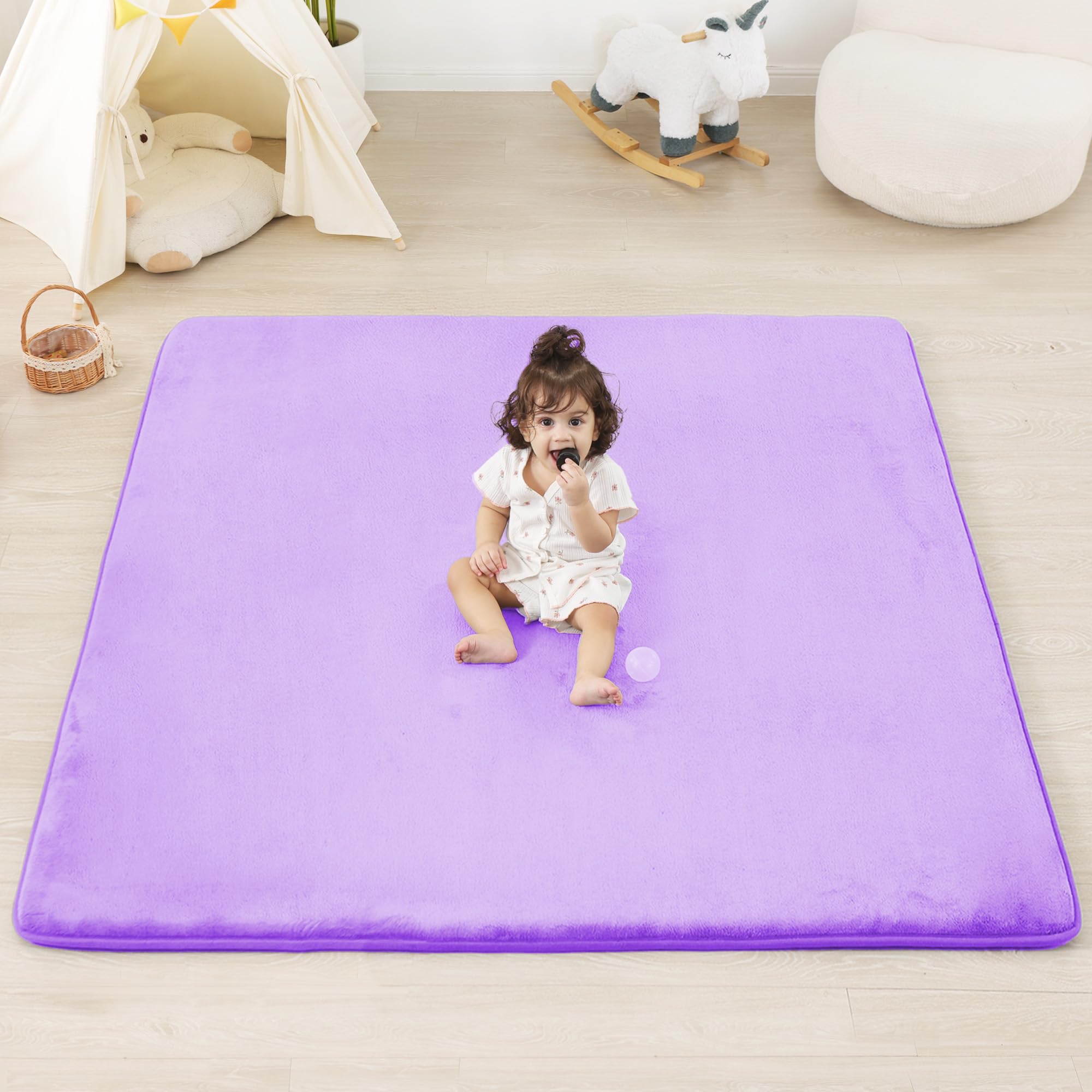 PaPaMat Violet unrolled flat showing 50x50 mat with plush 1.3-inch padding for tummy time.