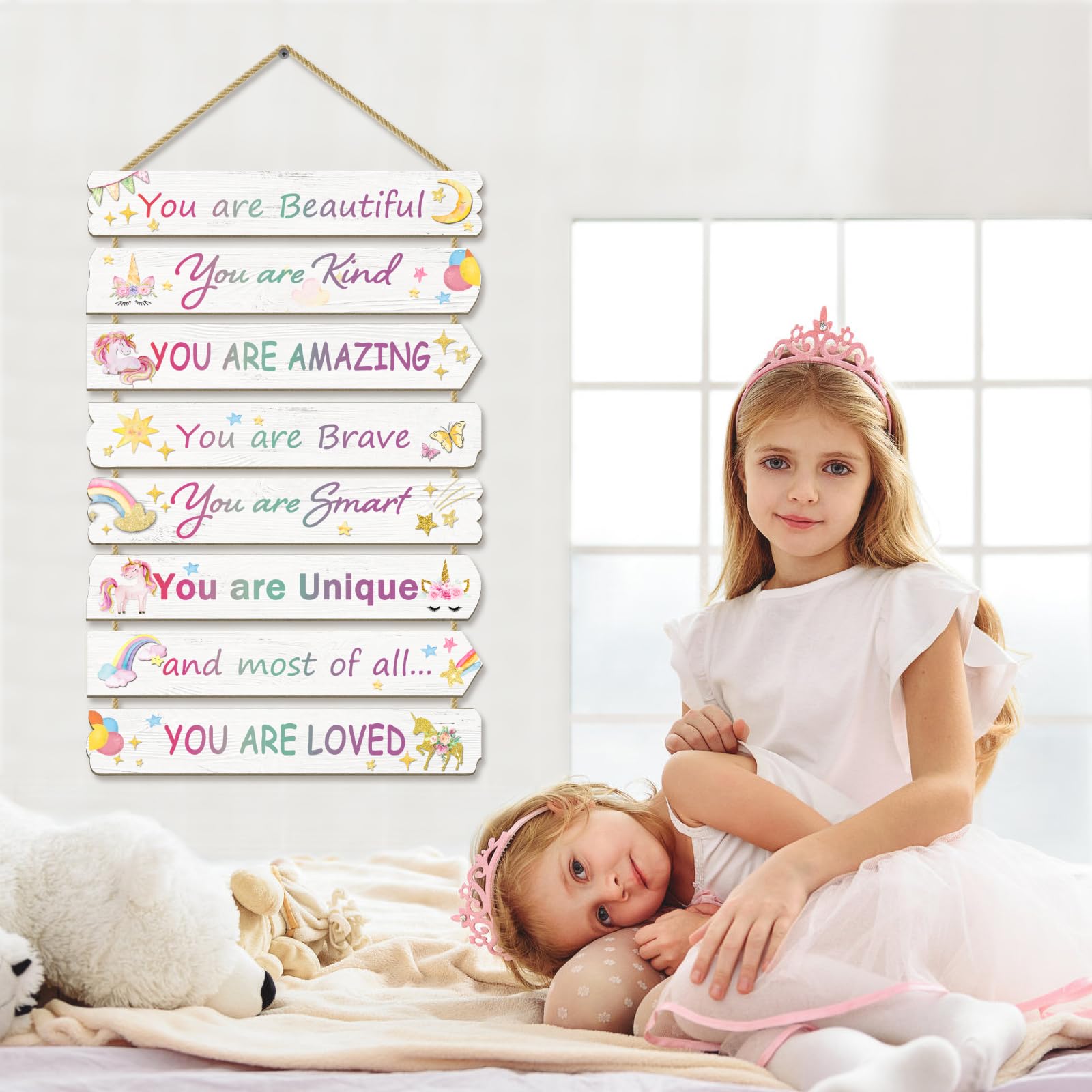 Paquesta unicorn wood sign for toddler room with hemp hanging