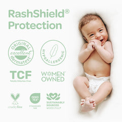 Parasol Clear+Dry diaper features 3D leg cuffs and high-rise waistband for secure leakage protection.