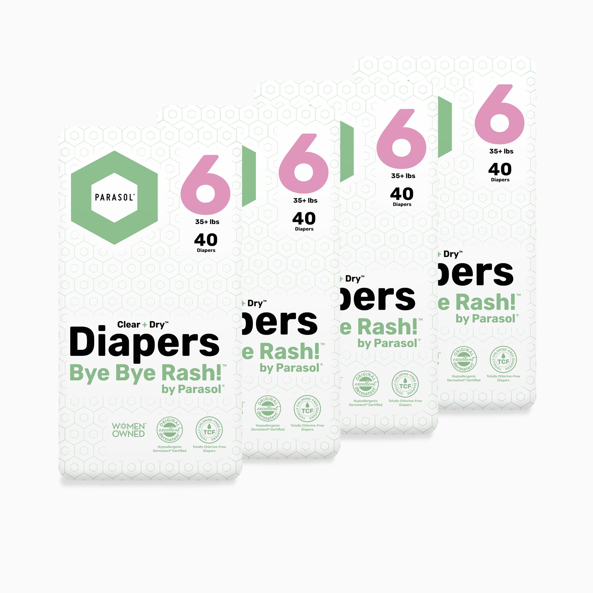 Parasol Clear+Dry pack shot demonstrates hypoallergenic protection for gentle baby care.
