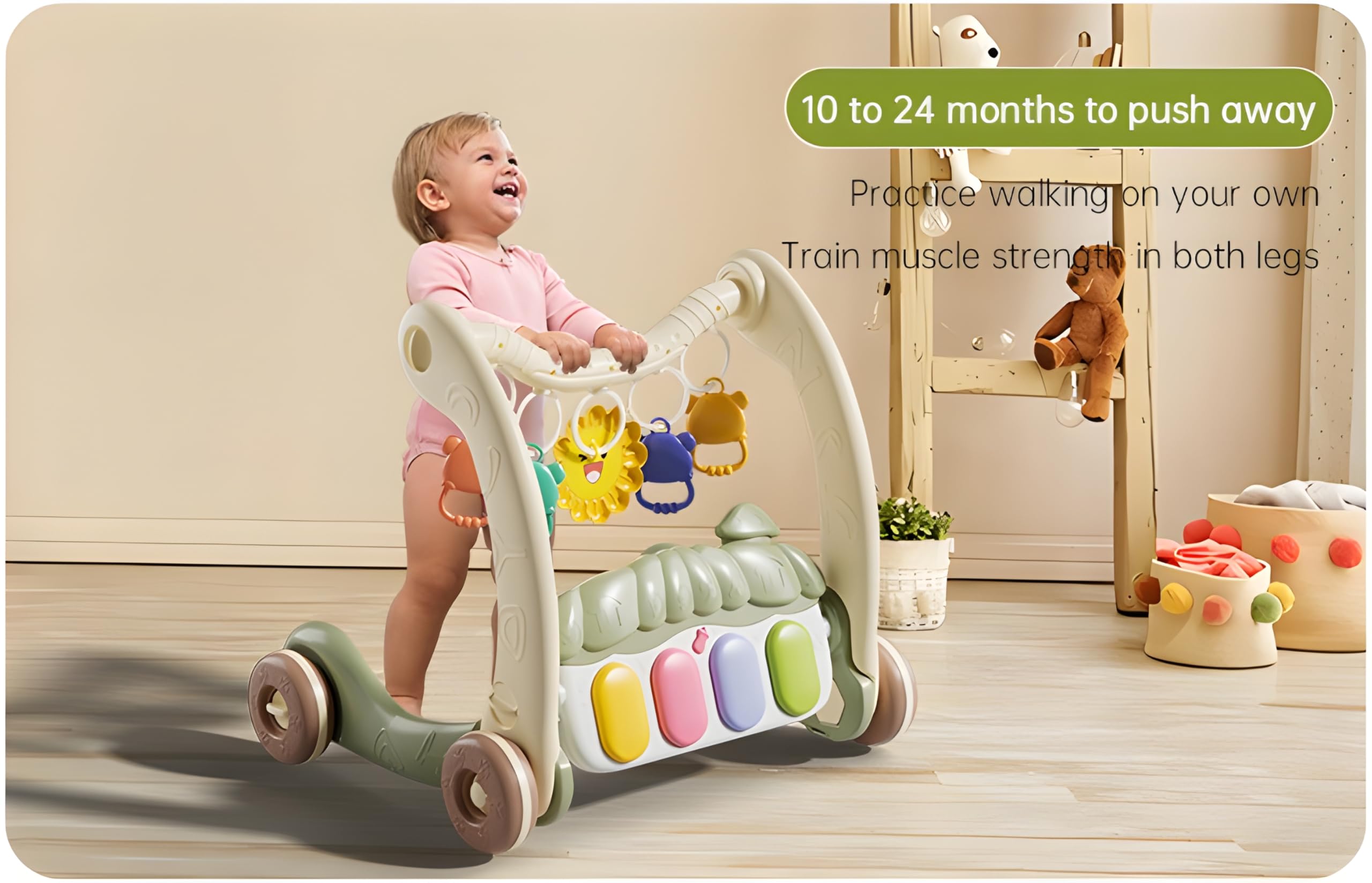 Parenté baby walker colorful toy gym adds learning through interactive play.