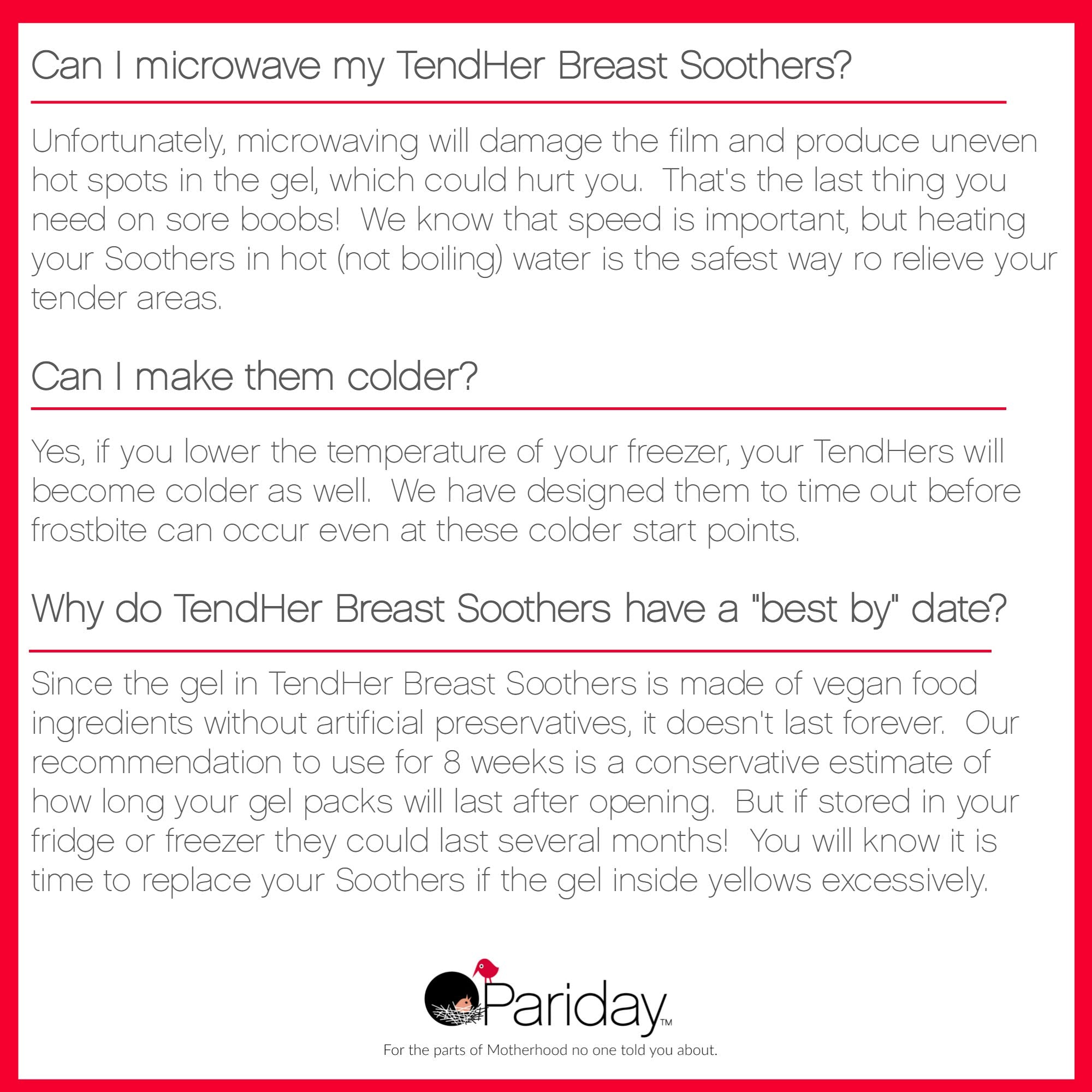 Pariday TendHer safe materials highlight BPA-free and vegan gel for peace of mind.