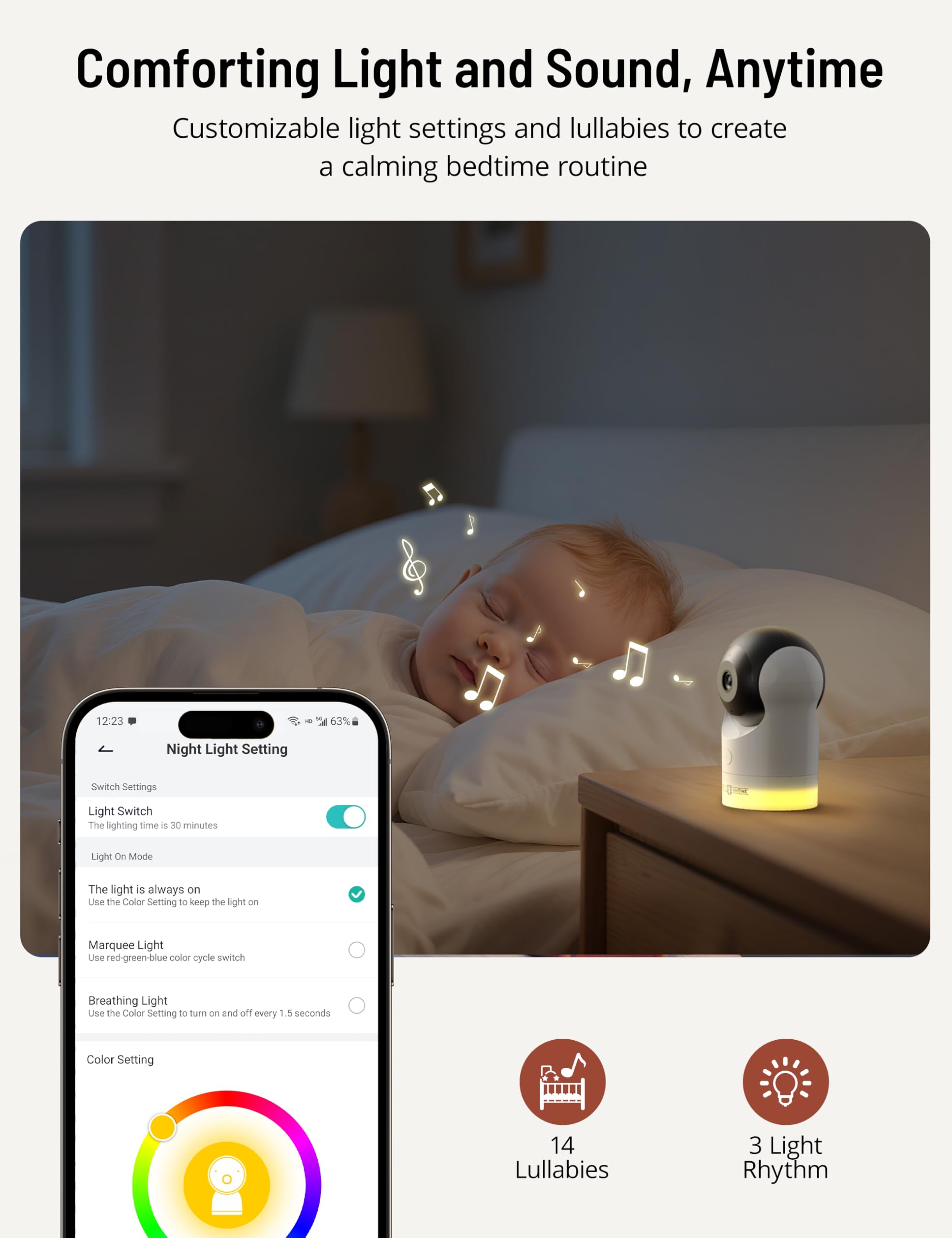 Paris Rhone night light and lullabies create bedtime comfort.