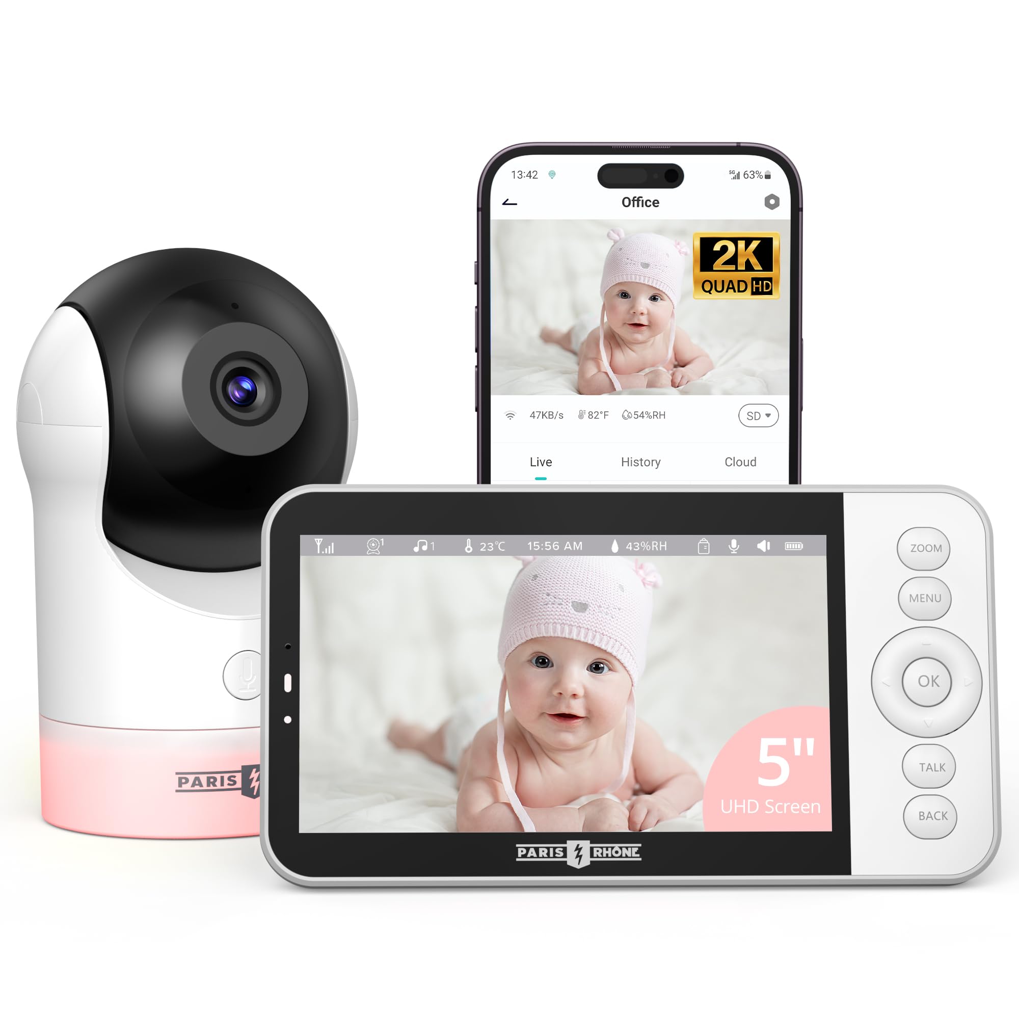 Paris Rhone video baby monitor 2K camera for clear baby viewing and parental peace of mind