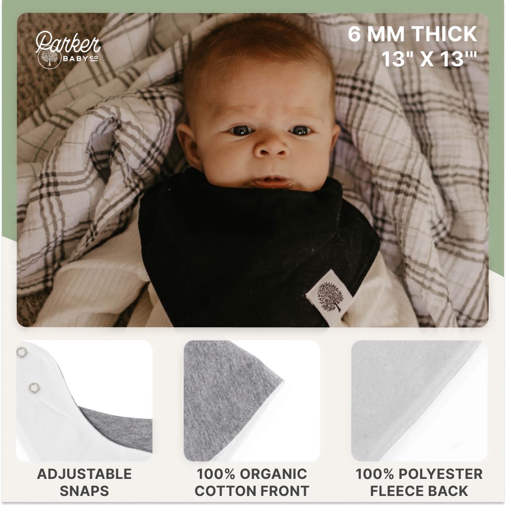 Parker Baby Co. bandana bibs showing adjustable snaps for growing babies